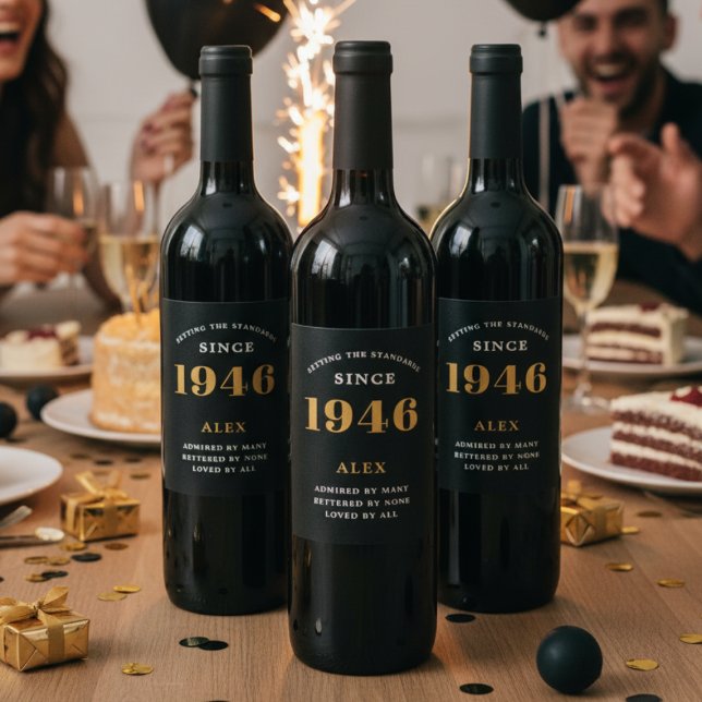 80th Birthday Name 1946 Black Gold Elegant Chic Wine Label (1946 wine bottle labels on dark wine bottles sat on a party table.)