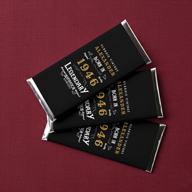 80th Birthday Name 1946 Black Gold Legend Hershey Bar Favors (Born 1946 Hershey bar wrapper with red background.)