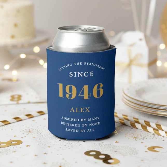 80th Birthday Name 1946 Blue Gold Elegant Chic Can Cooler (Blue 1946 can cooler on a white background.)