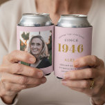 80th Birthday Name 1946 Chic Pink Grey Photo Can Cooler<br><div class="desc">This Zazzle can cooler is a wonderful personalized gift for a woman celebrating her 80th birthday. It features a charming design that includes her name and birth year prominently displayed on the front, with a cherished photo on the rear, making it a truly unique and sentimental keepsake. It's perfect for...</div>