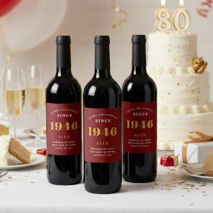 80th Birthday Name 1946 Red Gold Elegant Chic Wine Label