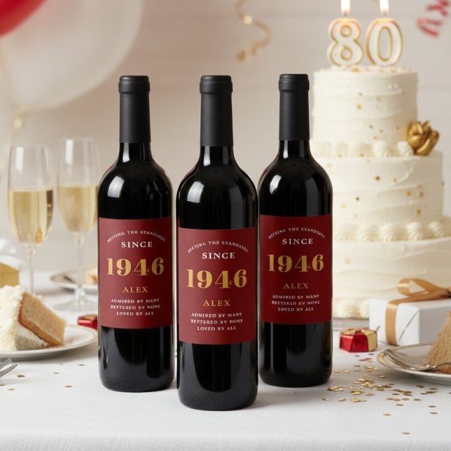 80th Birthday Name 1946 Red Gold Elegant Chic Wine Label (Red wine bottle labels on dark wine bottles.)