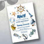 80th Birthday Nautical Summer 2024 Invitation<br><div class="desc">Nautical themed birthday invitations are a hot theme for Summer 2024. This whimsical design is perfect for an 80th birthday party. It features sailing items such as a ships wheel, ships bell and anchor. Ocean theme items such as a starfish and seahorse. And where would sailors be without a lighthouse...</div>