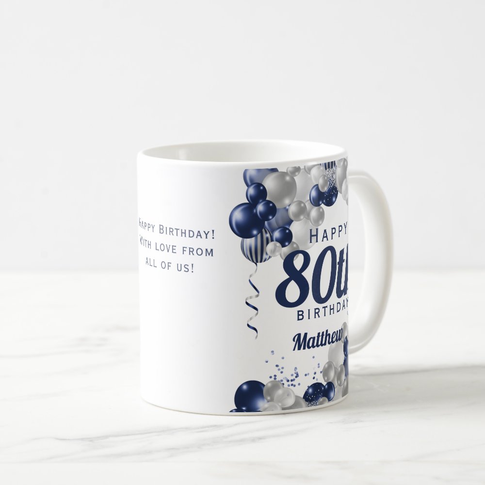 80th Birthday Navy Balloons Custom Coffee Mug