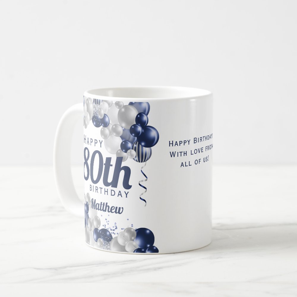 80th Birthday Navy Balloons Custom Coffee Mug