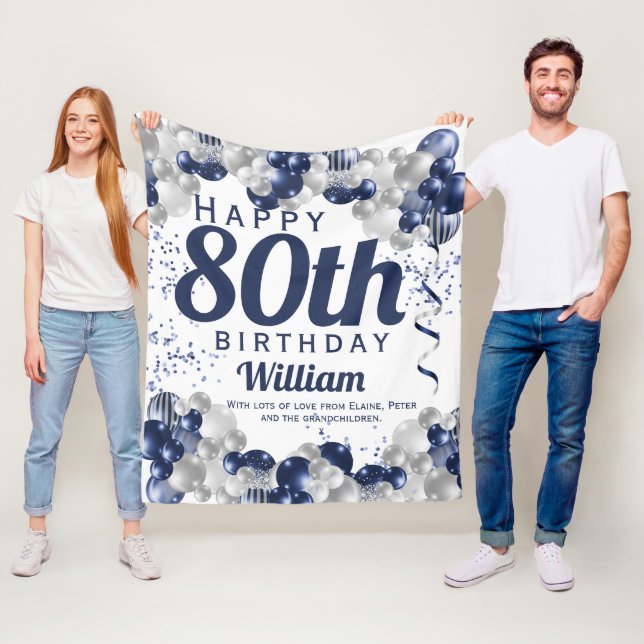 80th Birthday Navy Balloons Fleece Blanket (In Situ)