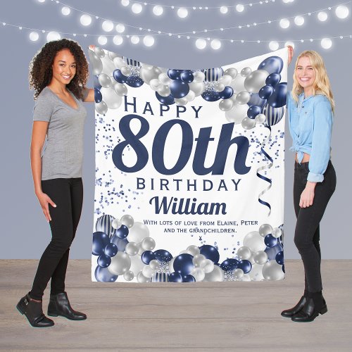 80th Birthday Navy Balloons Fleece Blanket