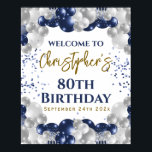80th Birthday Navy Balloons Party Welcome Poster<br><div class="desc">A gorgeous navy and silver balloon 80th birthday party welcome poster. This fabulous design is the perfect way to congratulate someone on their eightieth birthday (or any age!). Personalize with our own custom name. Blue and gold colored typography and gorgeous navy blue and silver balloons.</div>