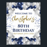 80th Birthday Navy Balloons Party Welcome Poster<br><div class="desc">A gorgeous navy and silver balloon 80th birthday party welcome poster. This fabulous design is the perfect way to congratulate someone on their eightieth birthday (or any age!). Personalize with our own custom name. Blue and gold colored typography and gorgeous navy blue and silver balloons.</div>