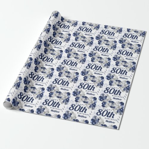 80th Birthday Navy Balloons Wrapping Paper