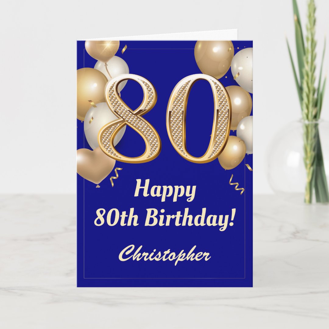 80th Birthday Navy Blue and Gold Balloons Confetti Card | Zazzle