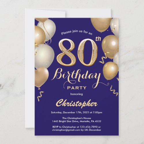 80th Birthday Navy Blue and Gold Balloons Confetti Invitation