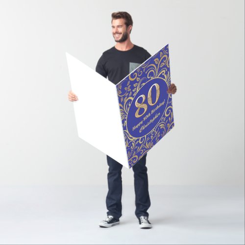 80th Birthday Navy Blue and Gold Floral Pattern
