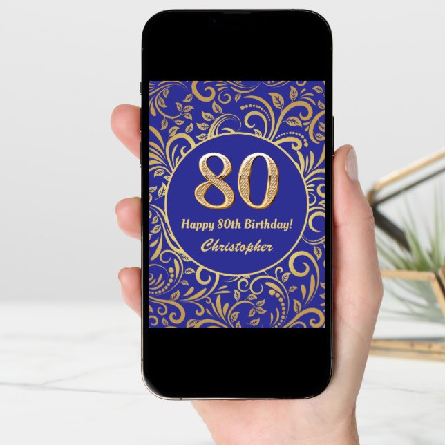 80th Birthday Navy Blue and Gold Floral Pattern Card (Front Digital)