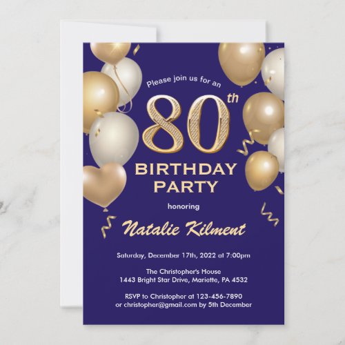 80th Birthday Navy Blue and Gold Glitter Balloons Invitation