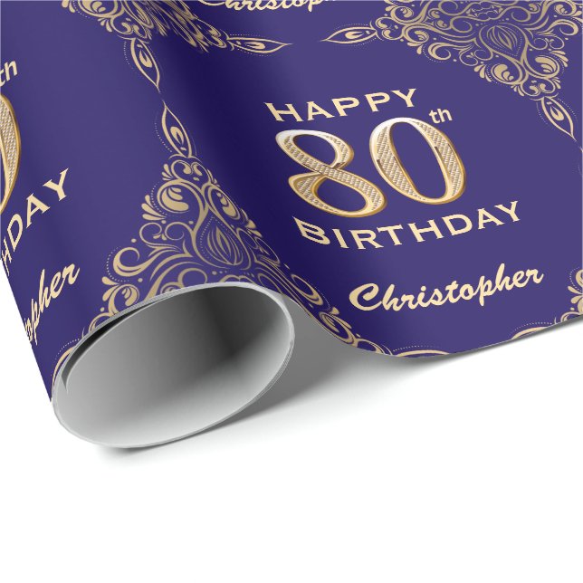 80th Birthday Navy Blue and Gold Glitter Frame Wrapping Paper (Roll Corner)