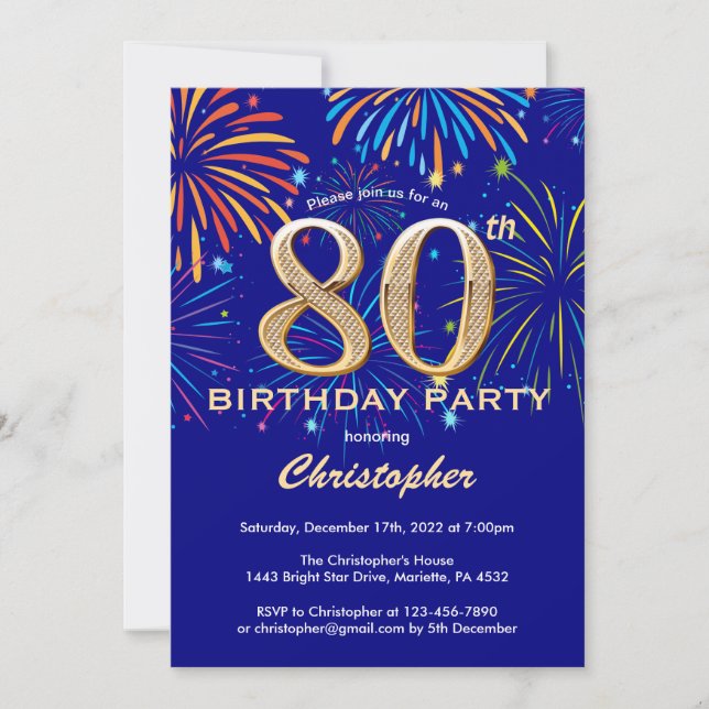 80th Birthday Navy Blue and Gold Rainbow Fireworks Invitation (Front)