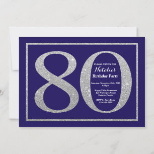80th Birthday Navy Blue and Silver Glitter Invitation