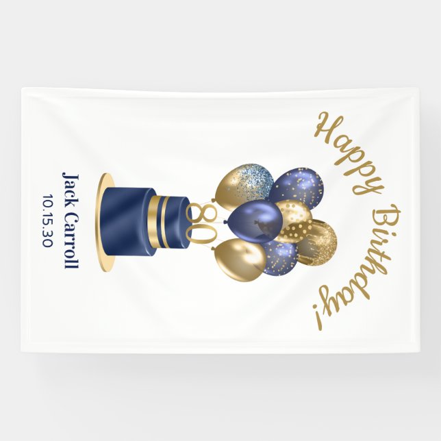 80th Birthday Navy Blue Balloon Cake Banner (Horizontal)
