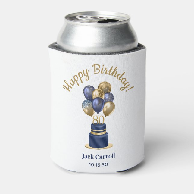 80th Birthday Navy Blue Balloon Cake Can Cooler (Can Back)