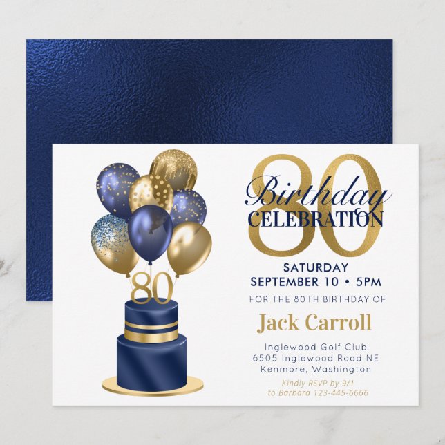 80th Birthday Navy Blue Balloon Cake Invitation (Front/Back)