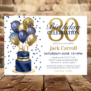80th Birthday Navy Blue Balloon Cake Invitation