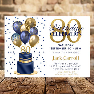 80th Birthday Navy Blue Balloon Cake Invitation