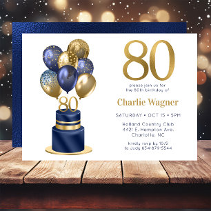 80th Birthday Navy Blue Balloon Cake Invitation
