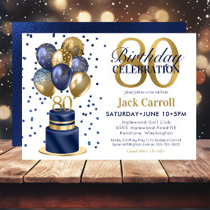 80th Birthday Navy Blue Balloon Cake Invitation