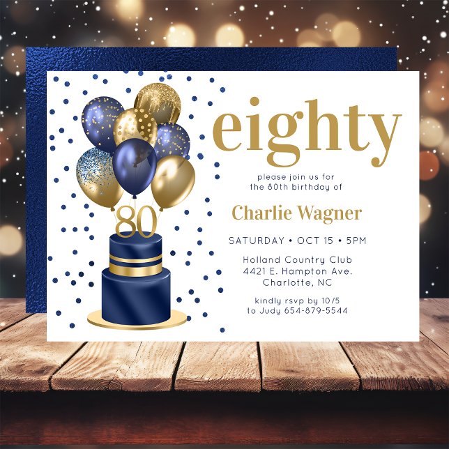 80th Birthday Navy Blue Balloon Cake Invitation (Creator Uploaded)