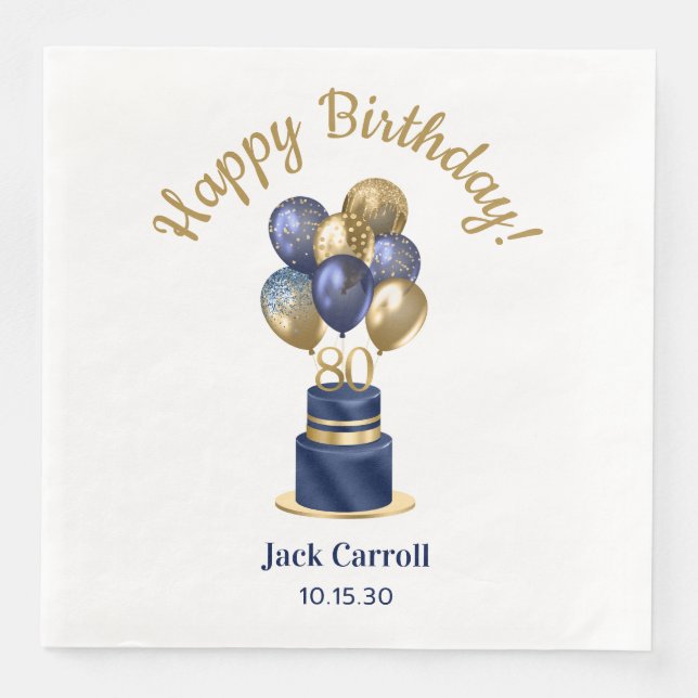 80th Birthday Navy Blue Balloon Cake Paper Dinner Napkins (Front)