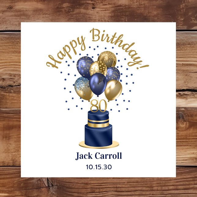 80th Birthday Navy Blue Balloon Cake Paper Dinner Napkins (Creator Uploaded)