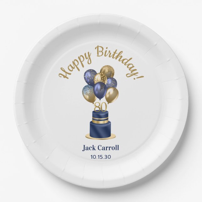 80th Birthday Navy Blue Balloon Cake Paper Plates (Front)