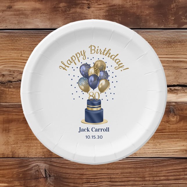 80th Birthday Navy Blue Balloon Cake Paper Plates (Creator Uploaded)