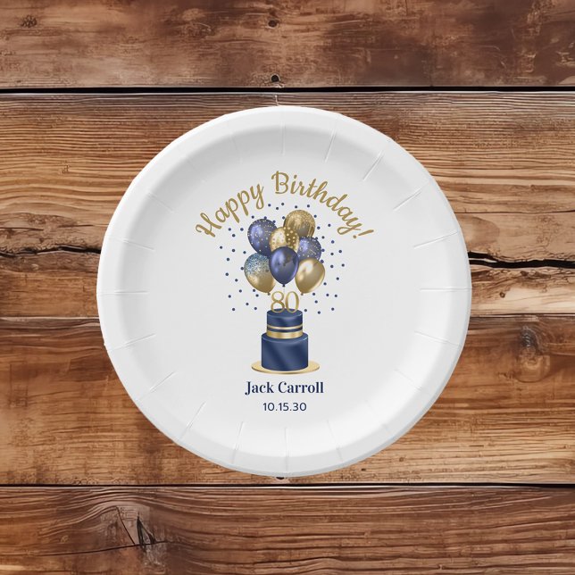 80th Birthday Navy Blue Balloon Cake Paper Plates (Creator Uploaded)