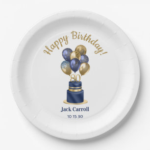 80th Birthday Navy Blue Balloon Cake Paper Plates