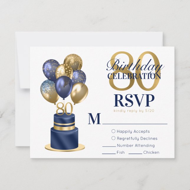 80th Birthday Navy Blue Balloon Cake RSVP Card (Front)