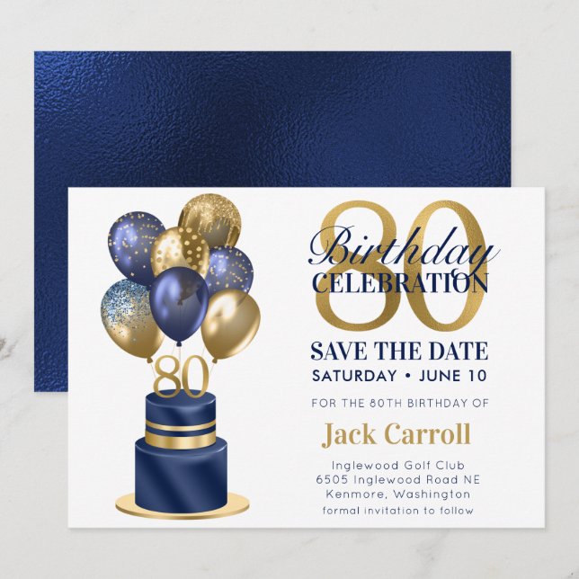 80th Birthday Navy Blue Balloon Cake Save The Date (Front/Back)
