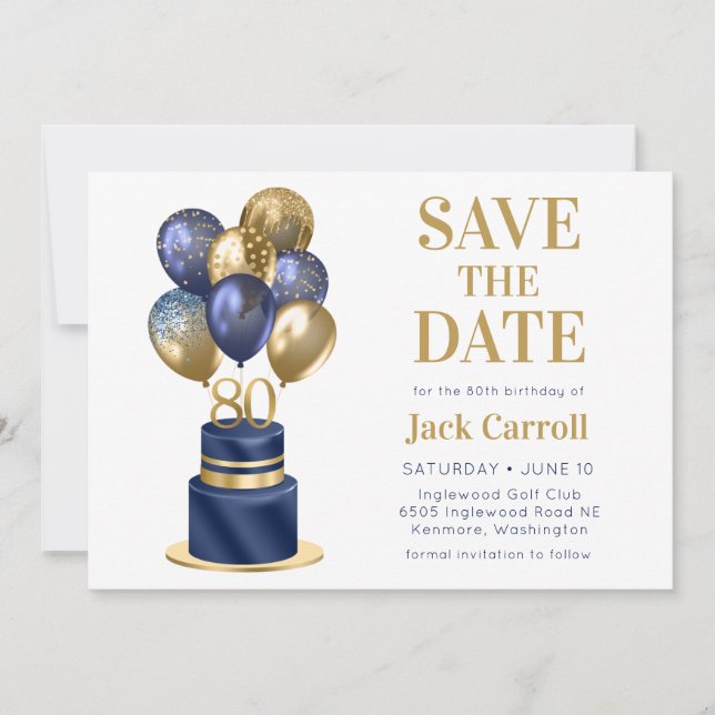 80th Birthday Navy Blue Balloon Cake Save The Date (Front)