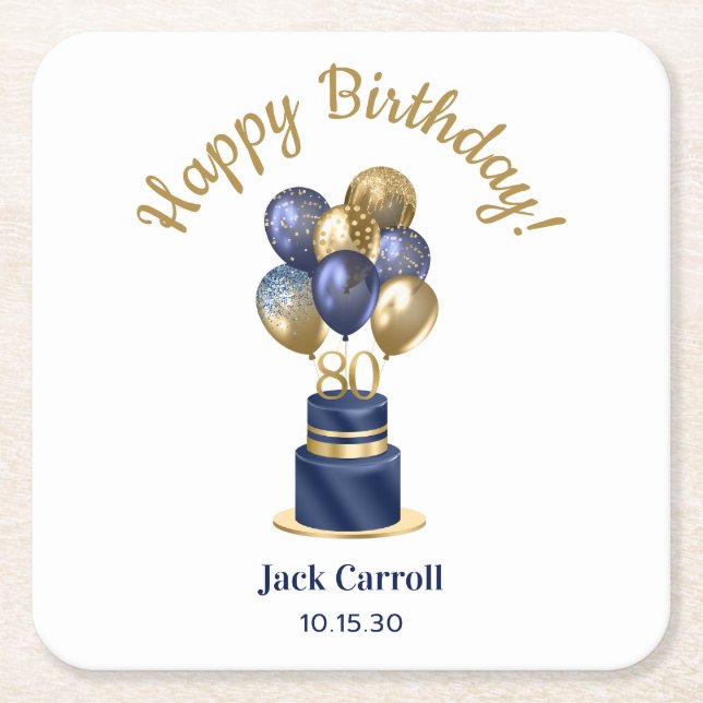 80th Birthday Navy Blue Balloon Cake Square Paper Coaster (Front)