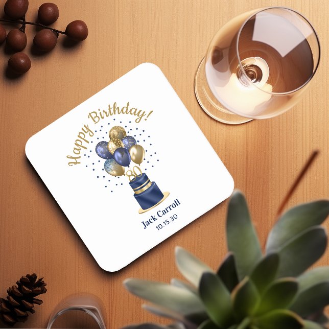 80th Birthday Navy Blue Balloon Cake Square Paper Coaster (Creator Uploaded)