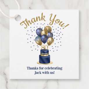 80th Birthday Navy Blue Balloon Cake Thank You Favor Tags