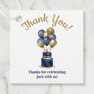 80th Birthday Navy Blue Balloon Cake Thank You Favor Tags