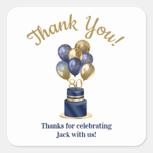 80th Birthday Navy Blue Balloon Cake Thank You Square Sticker