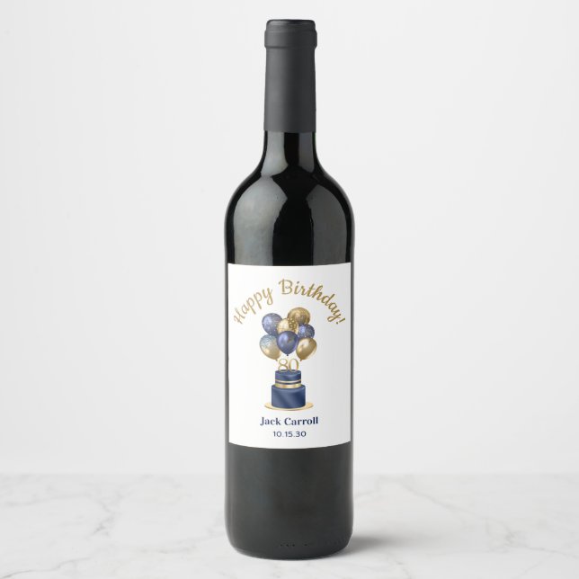 80th Birthday Navy Blue Balloon Cake Wine Label (Front)