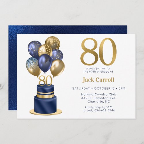 80th Birthday Navy Blue Cake Invitation