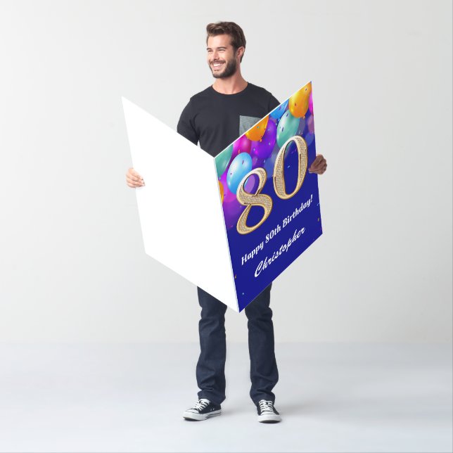80th Birthday Navy Blue Gold Balloon Extra Large Card (In Situ)