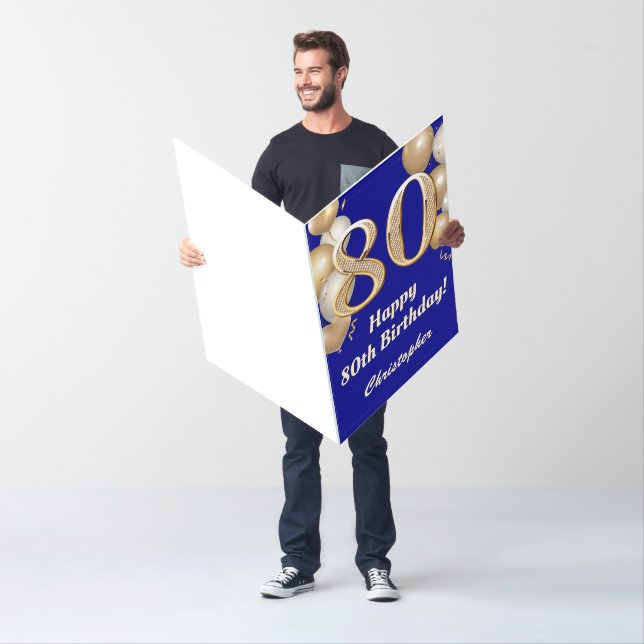80th Birthday Navy Blue Gold Balloons Extra Large Card (In Situ)