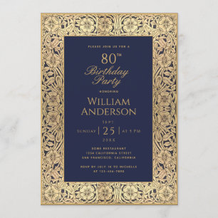 80th Birthday Navy Blue Gold Roses Elegant Vintage Invitation
