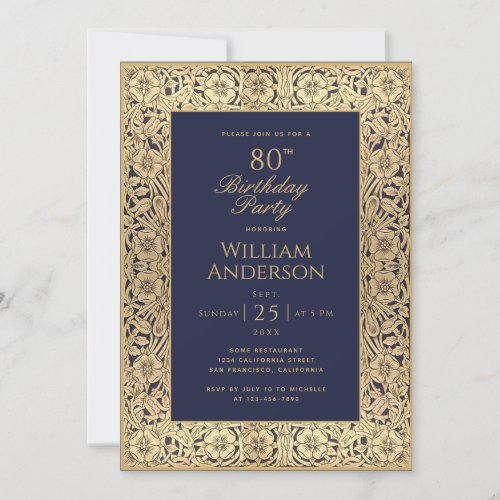 80th Birthday Navy Blue Gold Roses Elegant Vintage Invitation